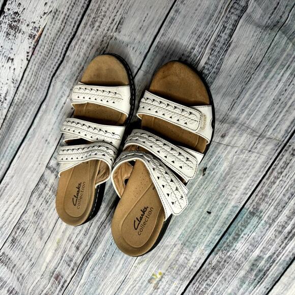 Clarks Leather White 4 Strap Hook & Loop Slide Sandals 7 - Picture 3 of 3